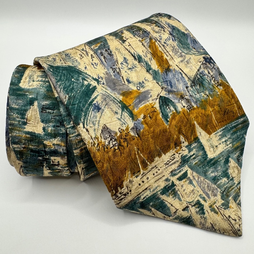 Ermenegildo Zegna Mens Silk Tie Sailboat Nautical Impressionist Teal Gold Italy